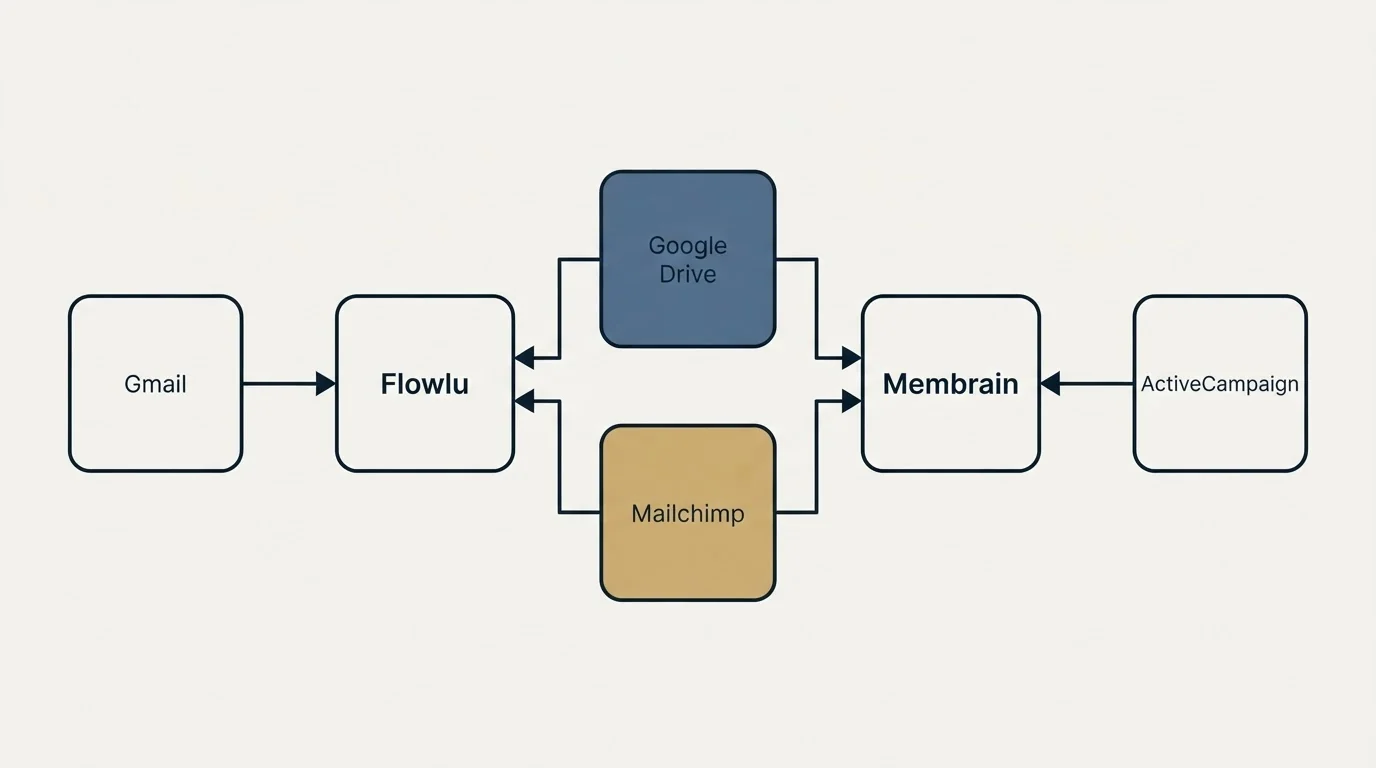 Integration flow: Integration Ecosystem (Flowlu, Membrain, Google Drive, Mailchimp)