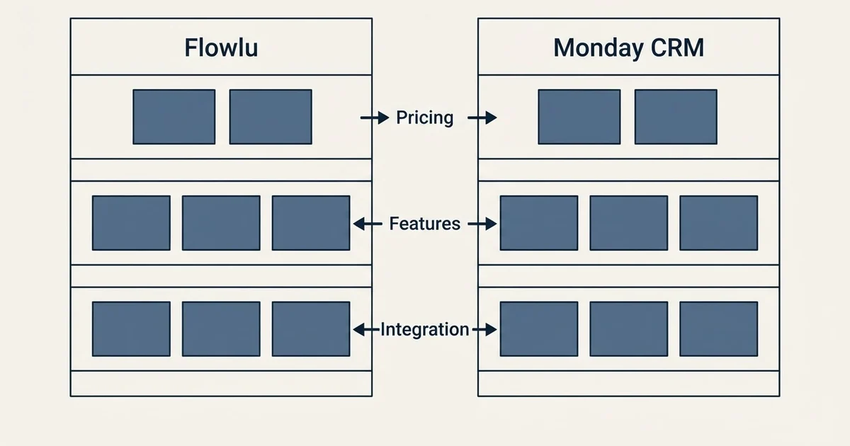 Comparison panel: Flowlu vs Monday CRM (Pricing, Features, Integration)