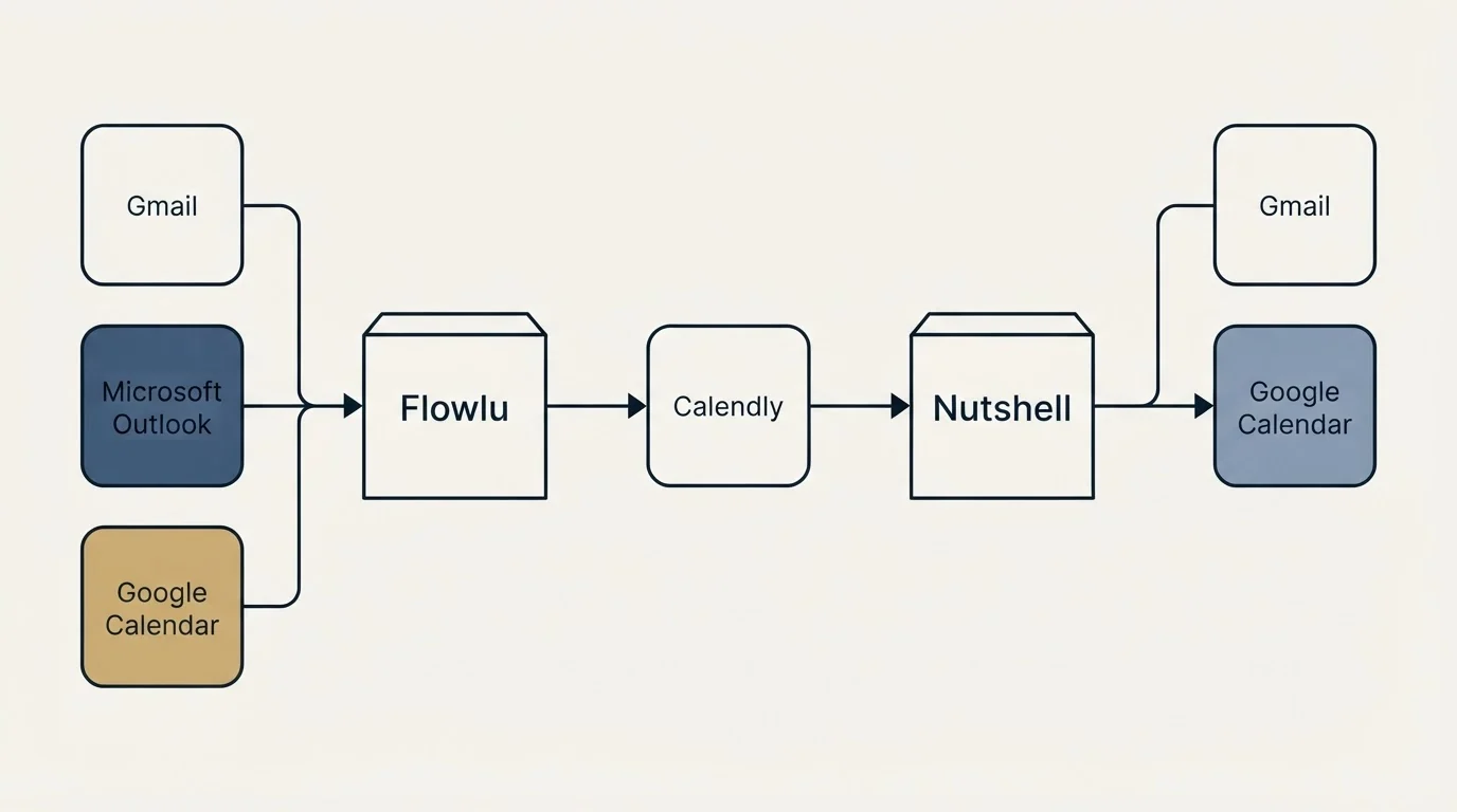 Integration flow: Integration Ecosystem (Flowlu, Nutshell, Calendly, Gmail)