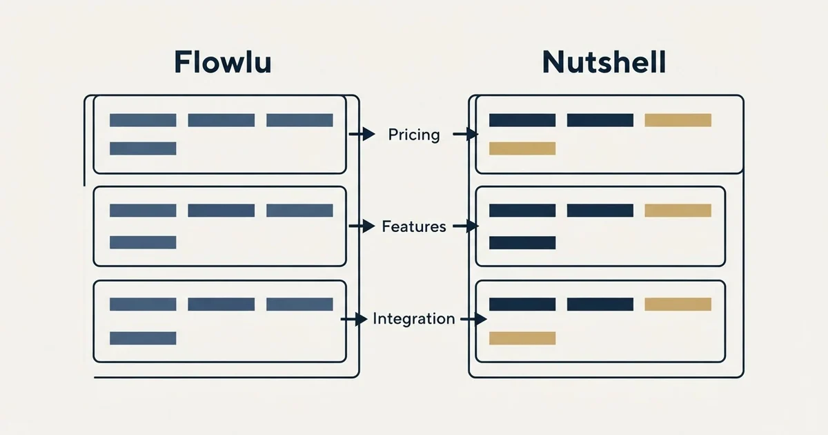 Comparison panel: Flowlu vs Nutshell (Pricing, Features, Integration)