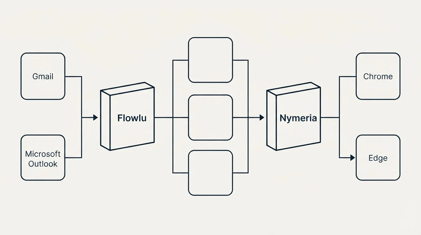 Integration flow: Integration Ecosystem (Flowlu, Nymeria, Gmail, Chrome)