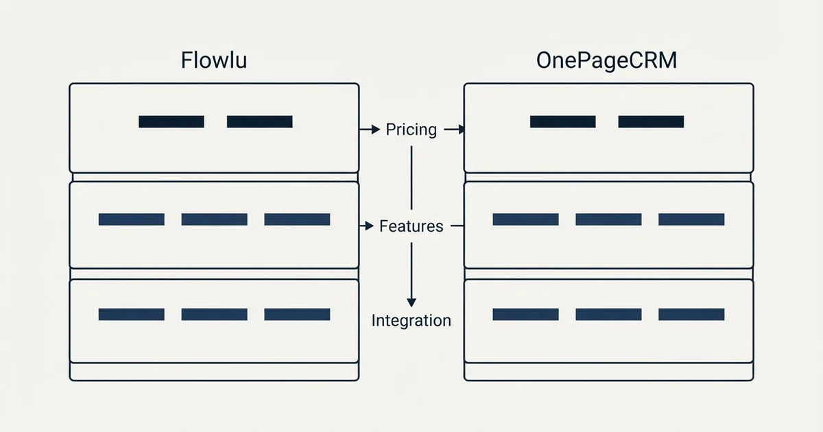 Comparison panel: Flowlu vs OnePageCRM (Pricing, Features, Integration)