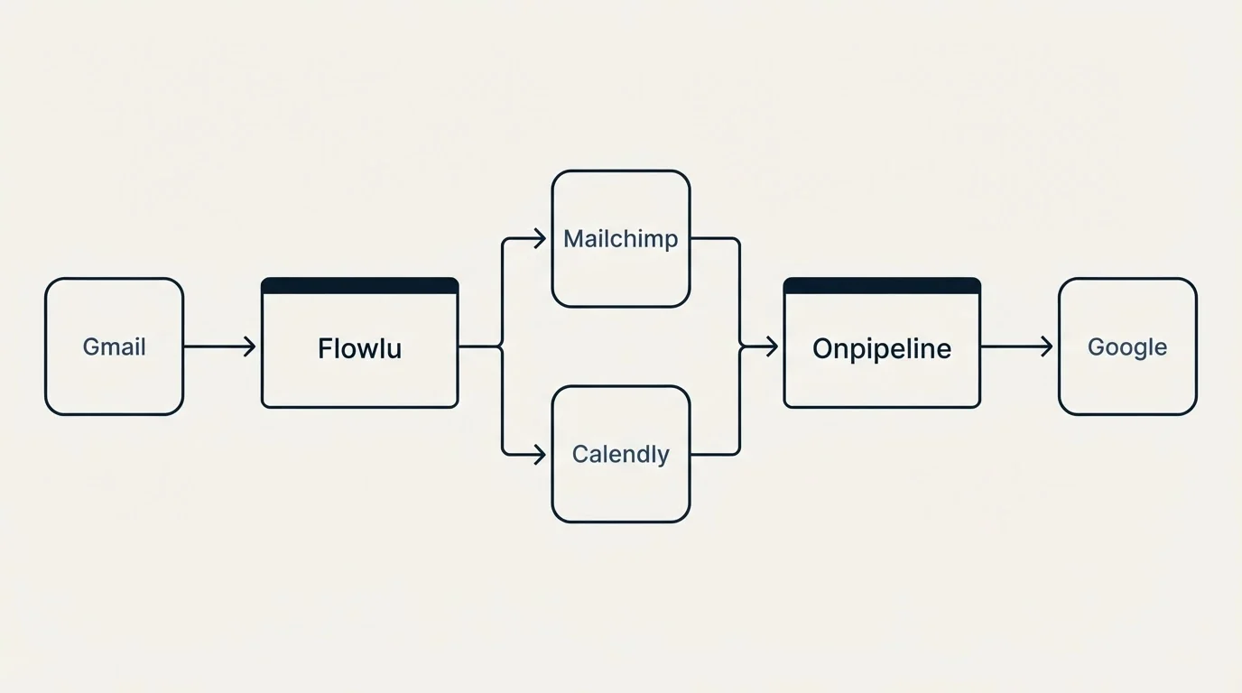 Integration flow: Integration Ecosystem (Flowlu, Onpipeline, Mailchimp, Calendly)