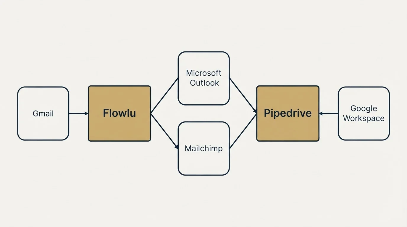 Integration schematic: Integration Ecosystem (Flowlu, Pipedrive, Microsoft Outlook, Mailchimp)