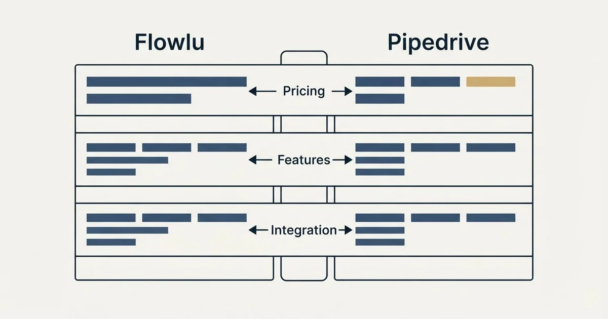 Comparison panel: Flowlu vs Pipedrive (Pricing, Features, Integration)