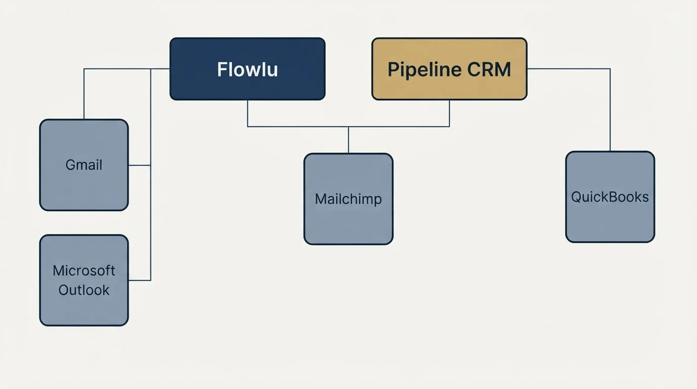 Integration grid: Integration Ecosystem (Flowlu, Pipeline CRM, Mailchimp, Gmail)