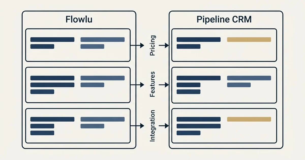 Comparison panel: Flowlu vs Pipeline CRM (Pricing, Features, Integration)