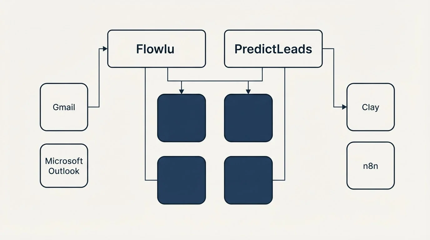 Integration grid: Integration Ecosystem (Flowlu, PredictLeads, Gmail, Clay)