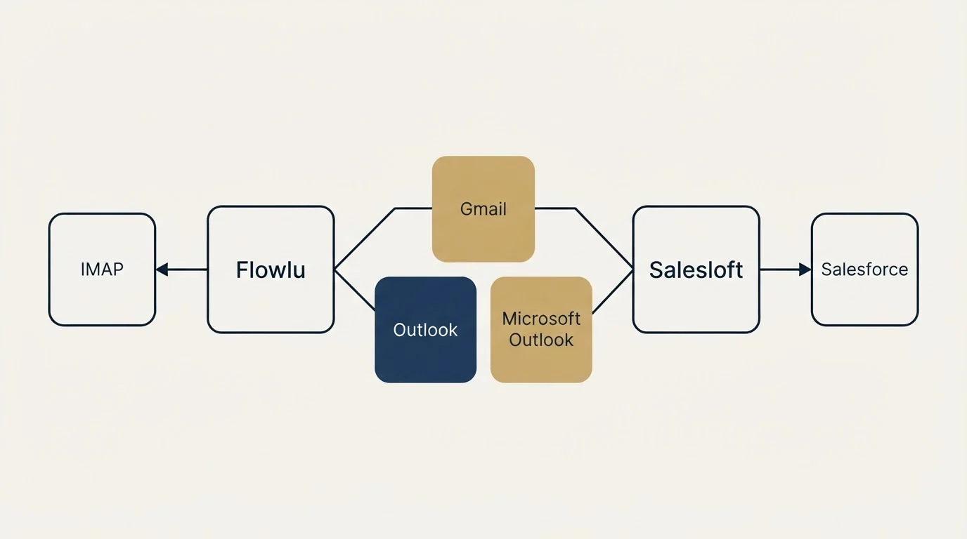 Integration schematic: Integration Ecosystem (Flowlu, Salesloft, Gmail, Microsoft Outlook)