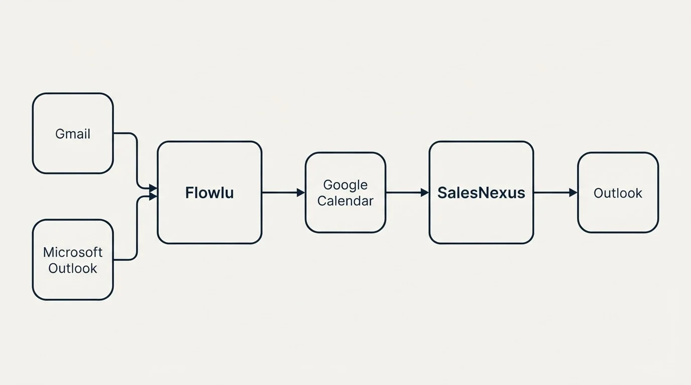 Integration schematic: Integration Ecosystem (Flowlu, SalesNexus, Google Calendar, Gmail)