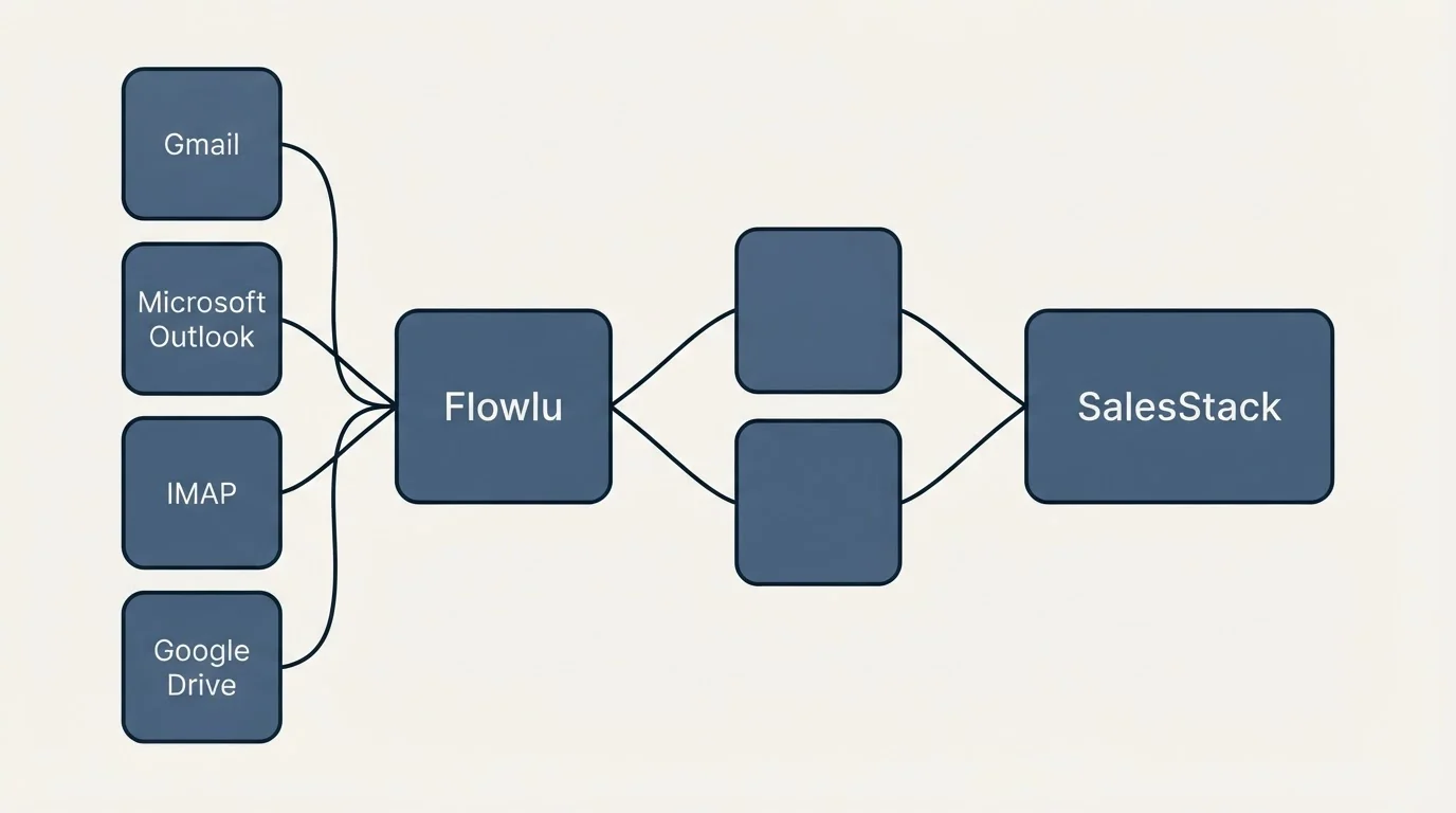 Integration schematic: Integration Ecosystem (Flowlu, SalesStack, Gmail, Microsoft Outlook)