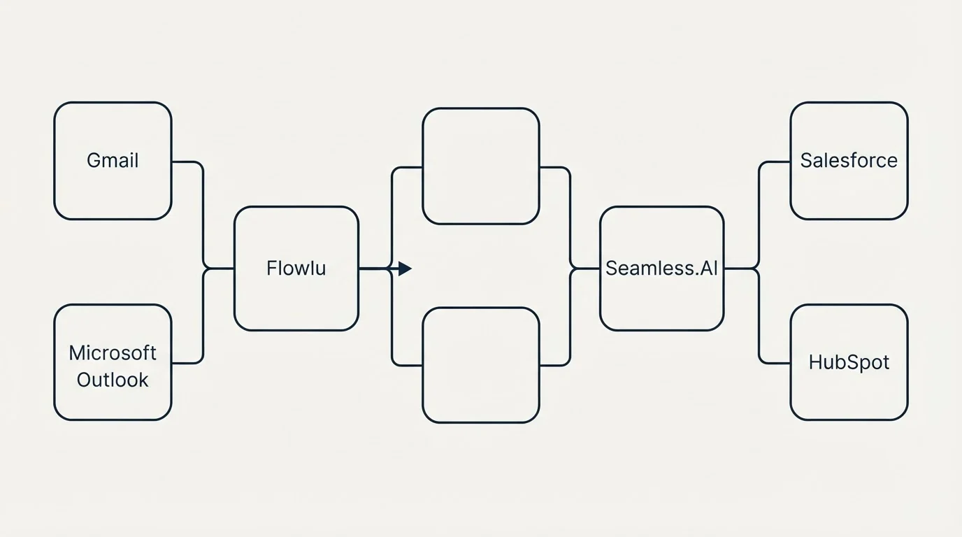 Integration flow: Integration Ecosystem (Flowlu, Seamless.AI, Gmail, Salesforce)