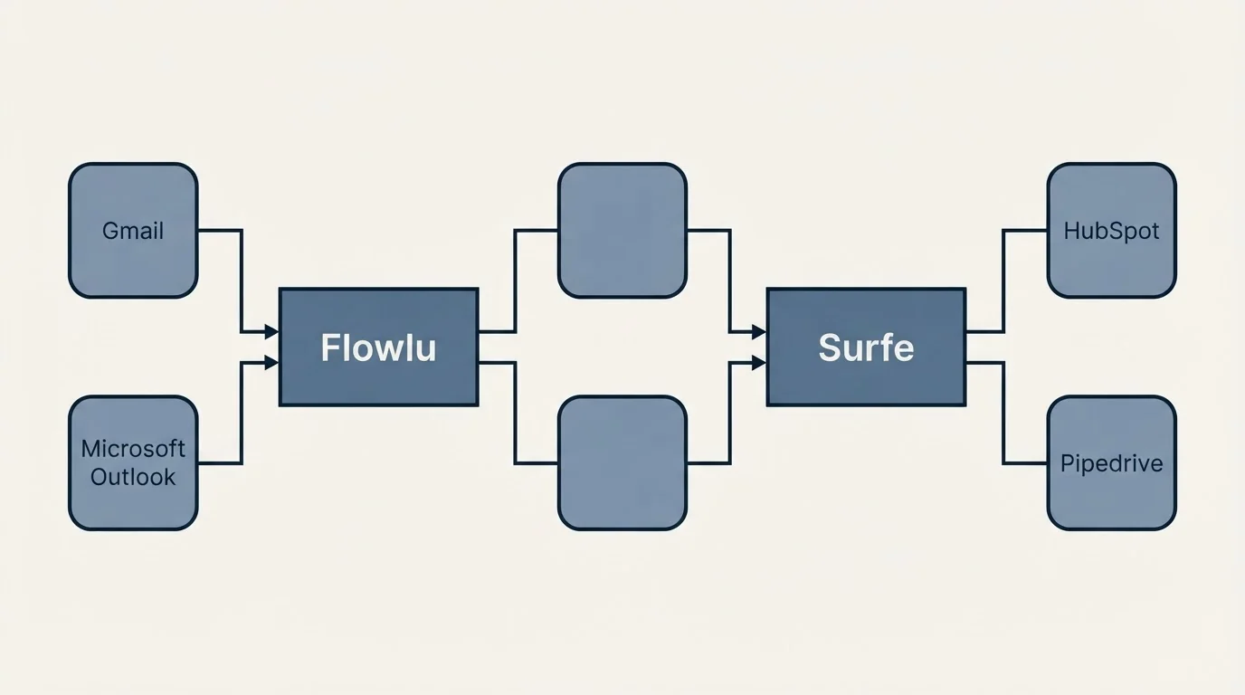 Integration flow: Integration Ecosystem (Flowlu, Surfe, Gmail, HubSpot)
