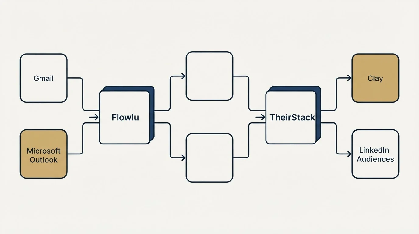 Integration flow: Integration Ecosystem (Flowlu, TheirStack, Gmail, Clay)