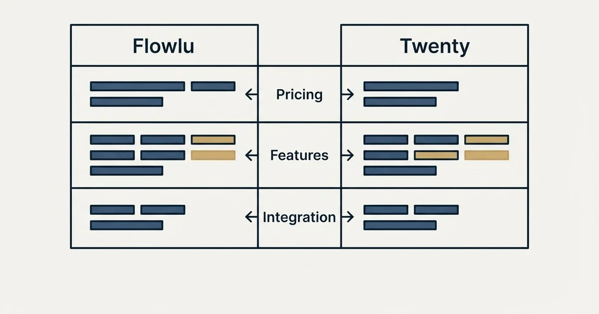 Comparison panel: Flowlu vs Twenty (Pricing, Features, Integration)