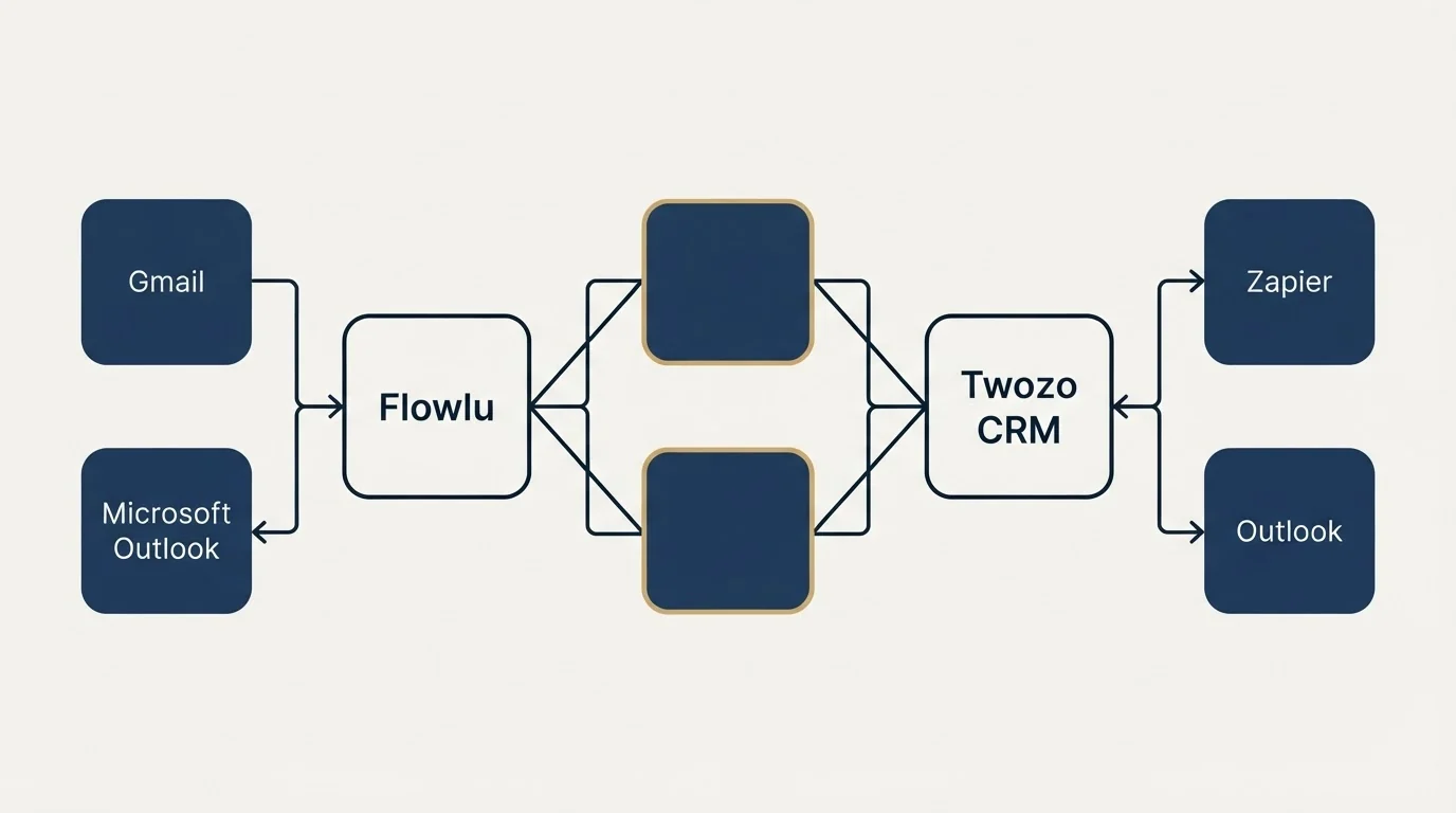 Integration schematic: Integration Ecosystem (Flowlu, Twozo CRM, Gmail, Zapier)