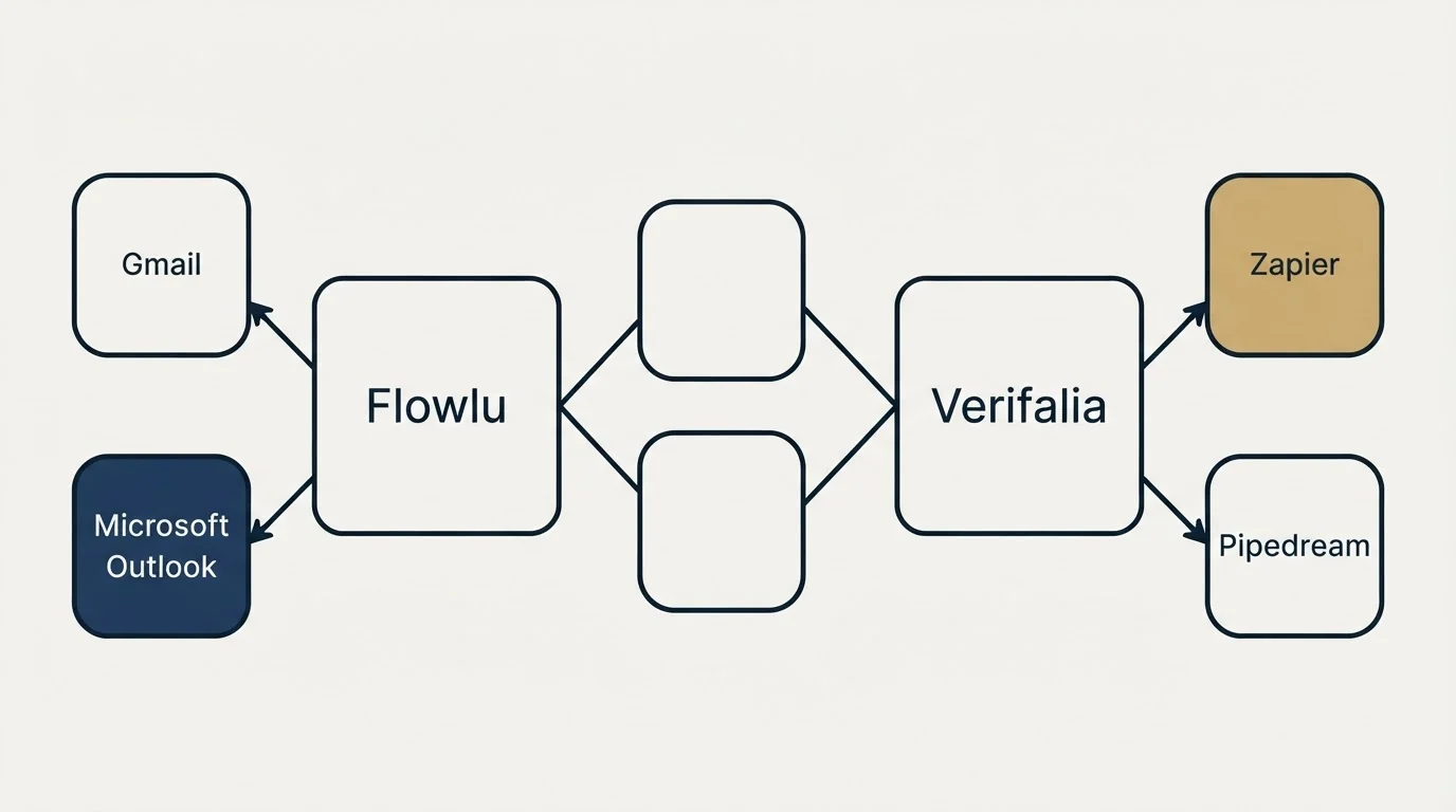 Integration schematic: Integration Ecosystem (Flowlu, Verifalia, Gmail, Zapier)