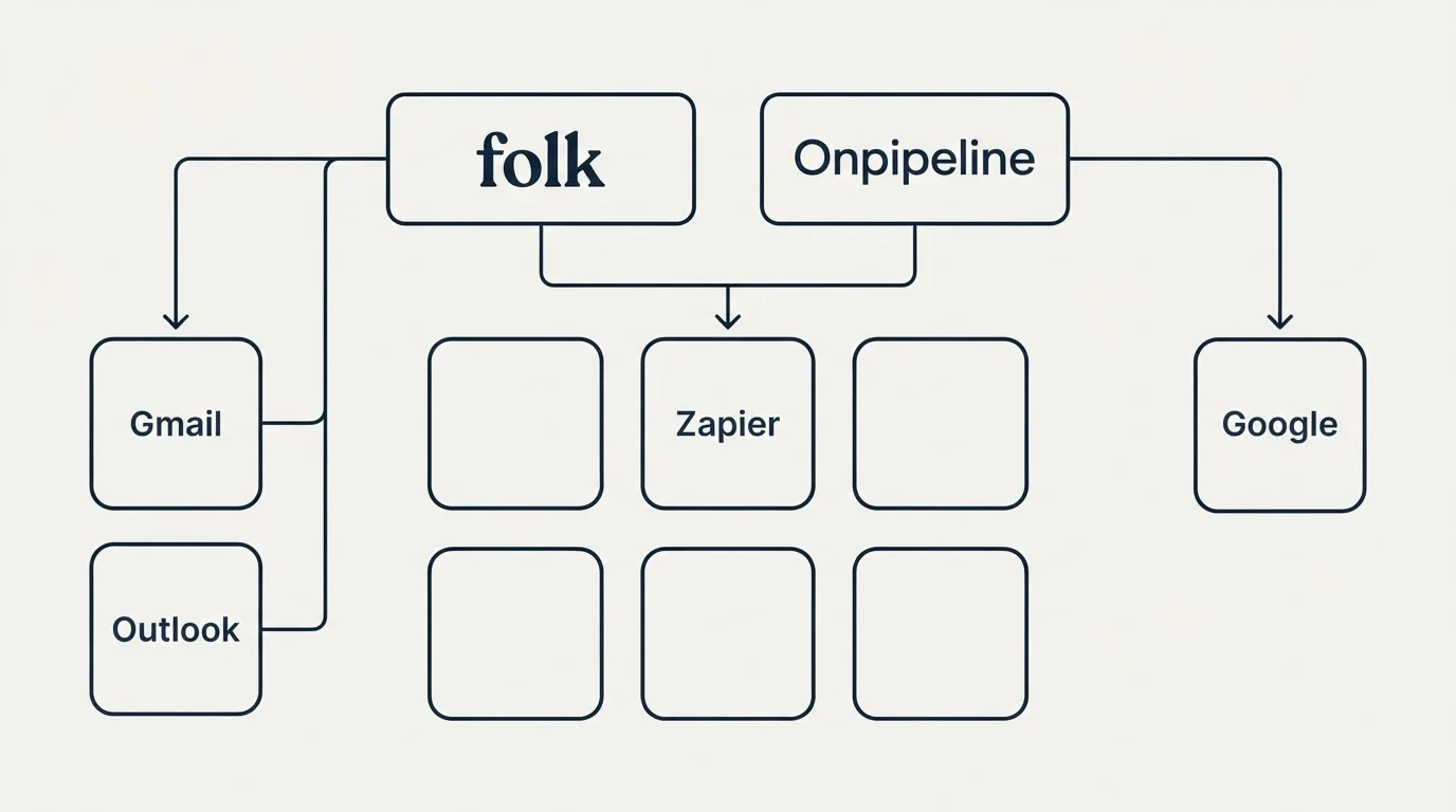 Integration grid: Integration Ecosystem (folk, Onpipeline, Zapier, Gmail)