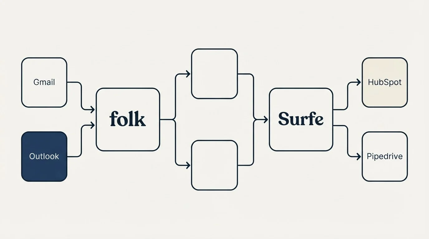 Integration flow: Integration Ecosystem (folk, Surfe, Gmail, HubSpot)
