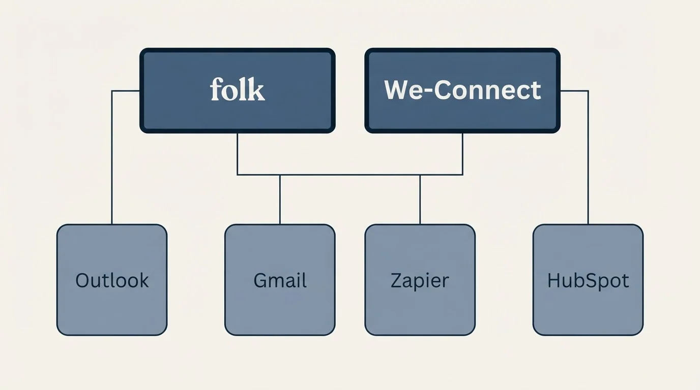 Integration grid: Integration Ecosystem (folk, We-Connect, Gmail, Zapier)