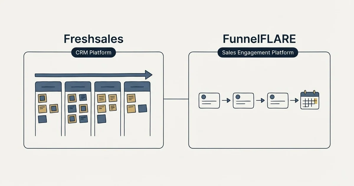 Side-by-side panels: Freshsales vs FunnelFLARE (CRM Platform, Sales Engagement Platform)