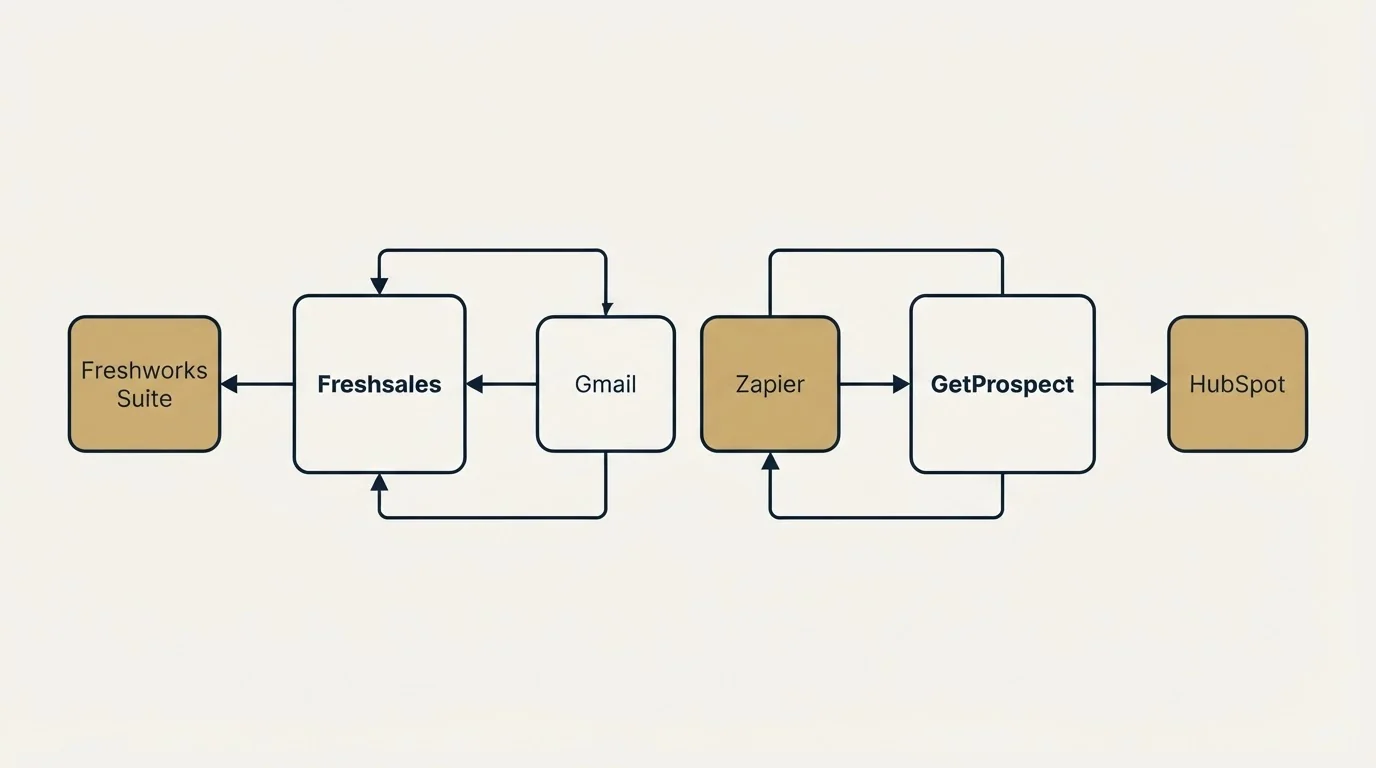 Integration schematic: Integration Ecosystem (Freshsales, GetProspect, Gmail, Zapier)