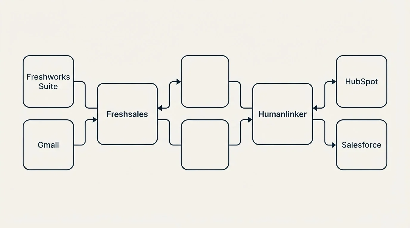 Integration schematic: Integration Ecosystem (Freshsales, Humanlinker, Freshworks Suite, HubSpot)