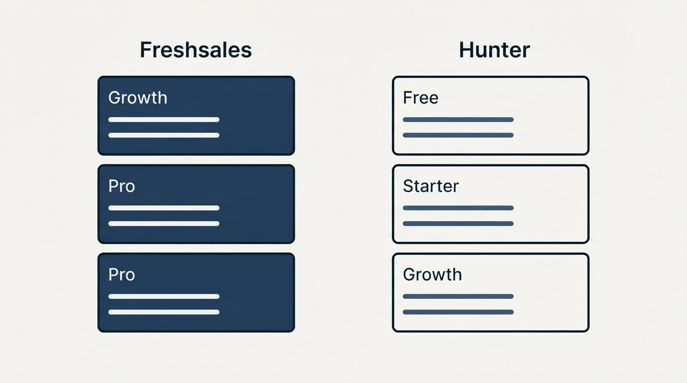 Pricing panels: Pricing Comparison (Freshsales, Hunter, Growth, Free)