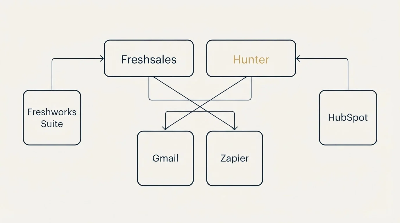 Integration grid: Integration Ecosystem (Freshsales, Hunter, Gmail, Zapier)
