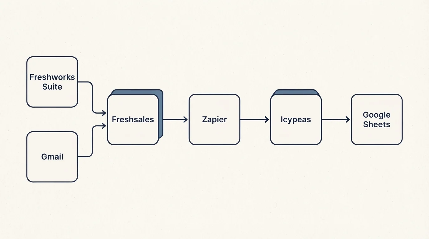 Integration flow: Integration Ecosystem (Freshsales, Icypeas, Zapier, Freshworks Suite)