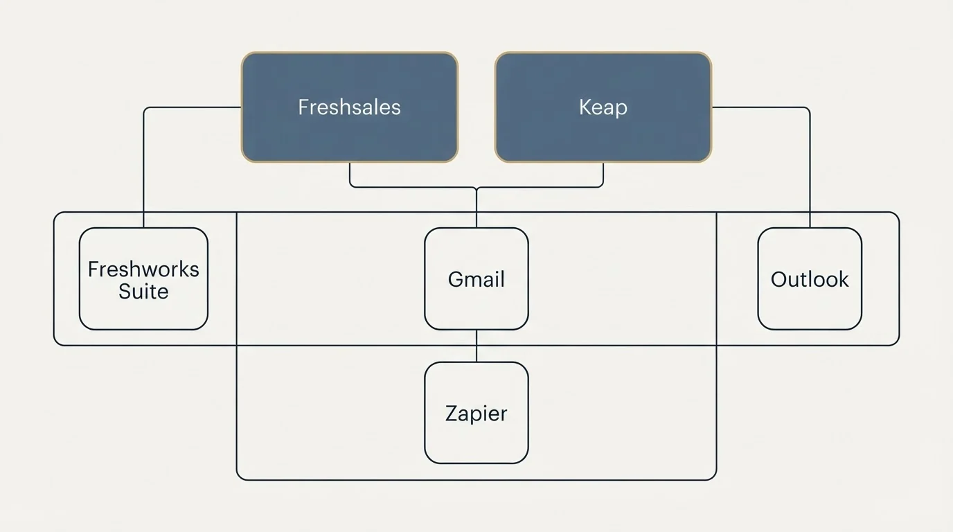 Integration grid: Integration Ecosystem (Freshsales, Keap, Gmail, Zapier)