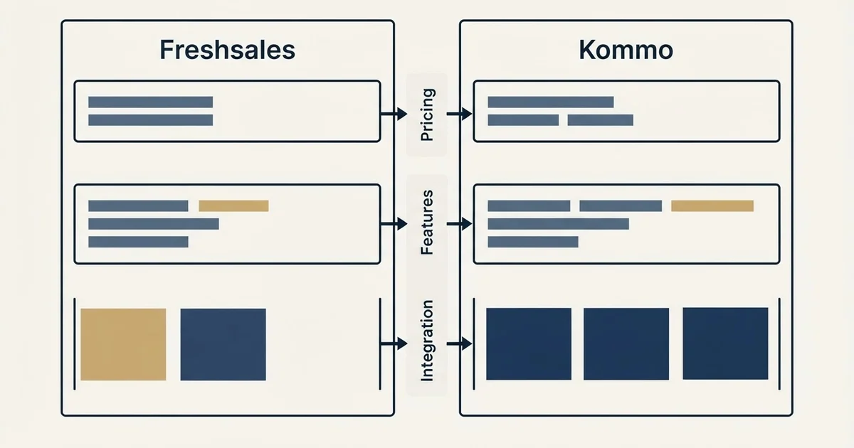 Comparison panel: Freshsales vs Kommo (Pricing, Features, Integration)