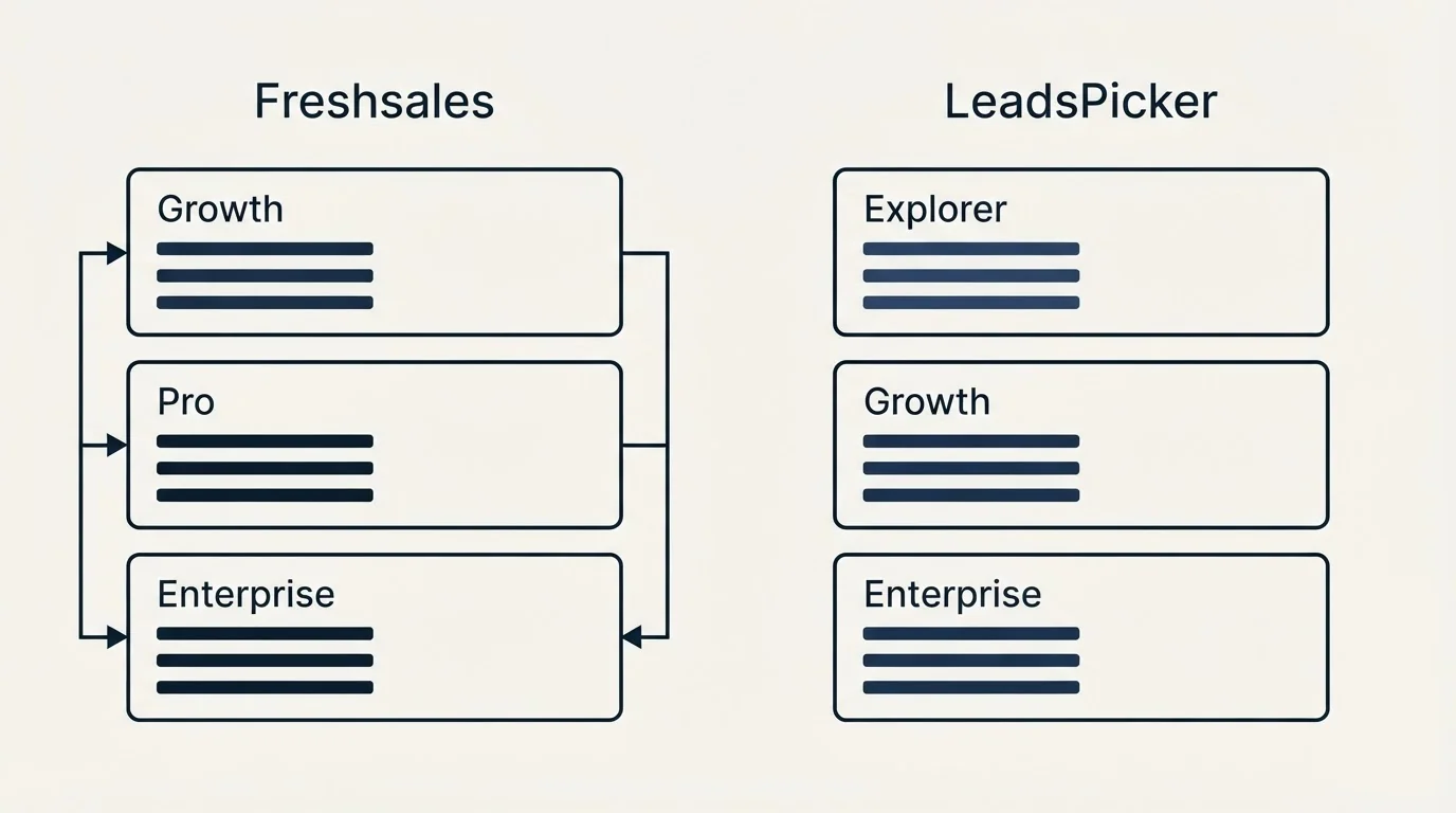 Pricing panels: Pricing Comparison (Freshsales, LeadsPicker, Growth, Explorer)