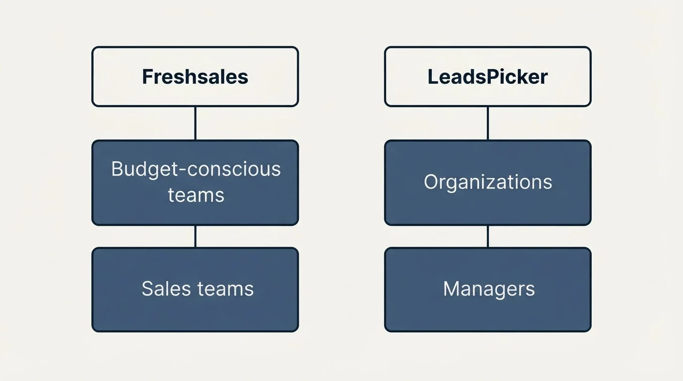 Two-column comparison: Use Case Recommendations (Freshsales, LeadsPicker, Budget-conscious teams, Organizations)