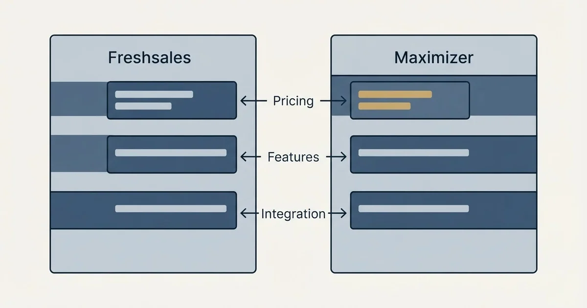 Comparison panel: Freshsales vs Maximizer (Pricing, Features, Integration)