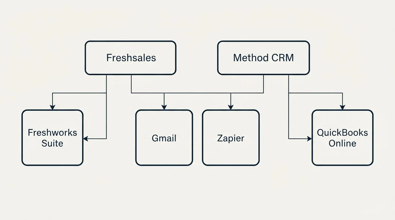 Integration grid: Integration Ecosystem (Freshsales, Method CRM, Gmail, Zapier)
