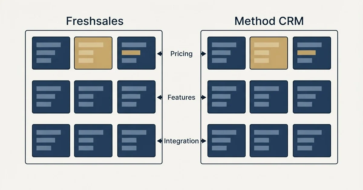 Comparison panel: Freshsales vs Method CRM (Pricing, Features, Integration)