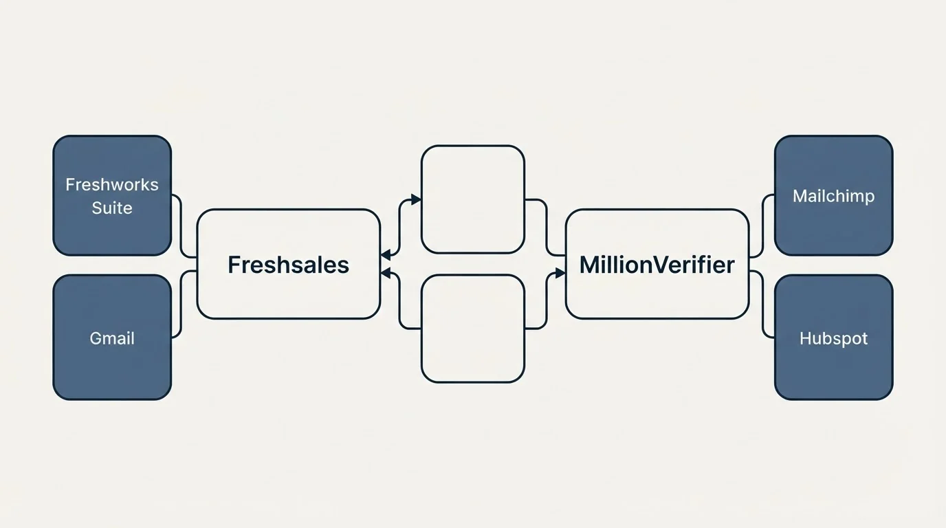 Integration schematic: Integration Ecosystem (Freshsales, MillionVerifier, Freshworks Suite, Mailchimp)