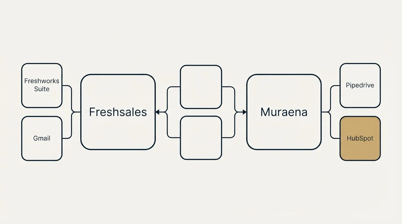 Integration schematic: Integration Ecosystem (Freshsales, Muraena, Freshworks Suite, Pipedrive)