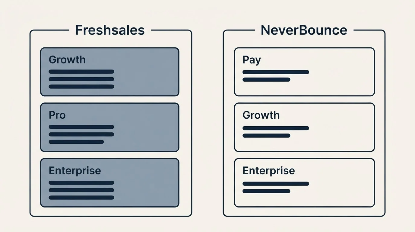 Pricing panels: Pricing Comparison (Freshsales, NeverBounce, Growth, Pay)