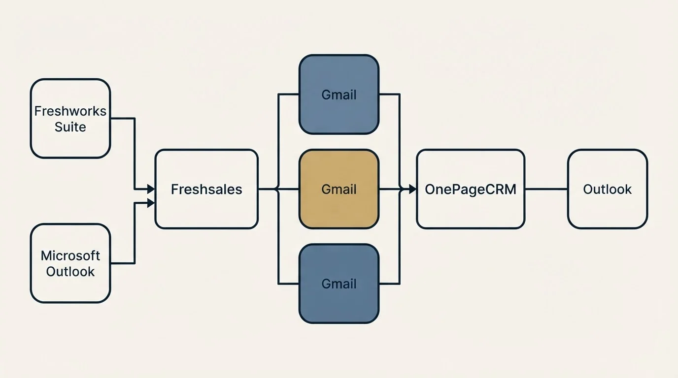Integration flow: Integration Ecosystem (Freshsales, OnePageCRM, Gmail, Freshworks Suite)