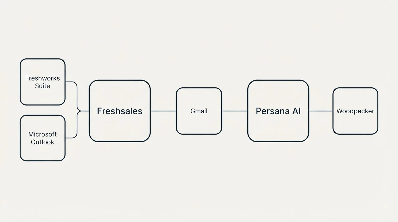 Integration schematic: Integration Ecosystem (Freshsales, Persana AI, Gmail, Freshworks Suite)