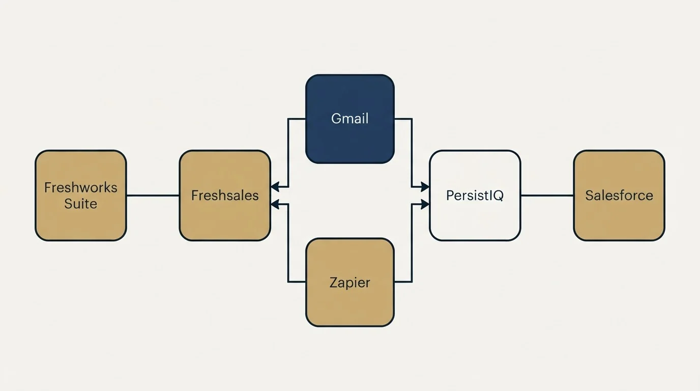 Integration flow: Integration Ecosystem (Freshsales, PersistIQ, Gmail, Zapier)