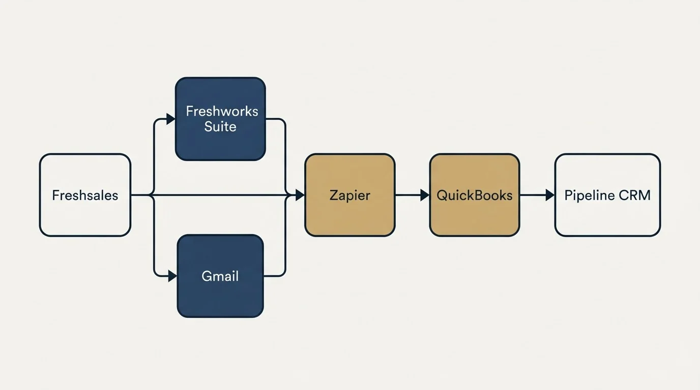 Integration schematic: Integration Ecosystem (Freshsales, Pipeline CRM, Zapier, Freshworks Suite)