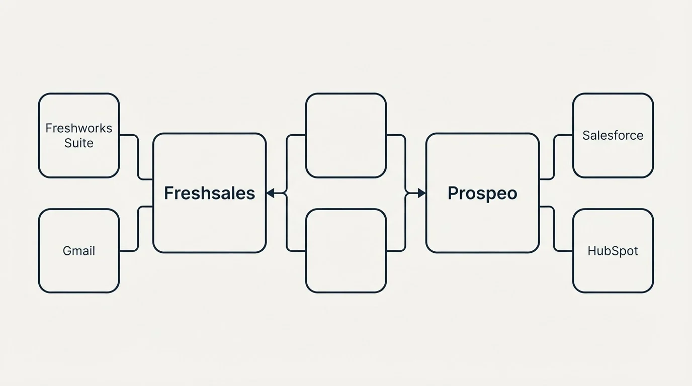 Integration schematic: Integration Ecosystem (Freshsales, Prospeo, Freshworks Suite, Salesforce)