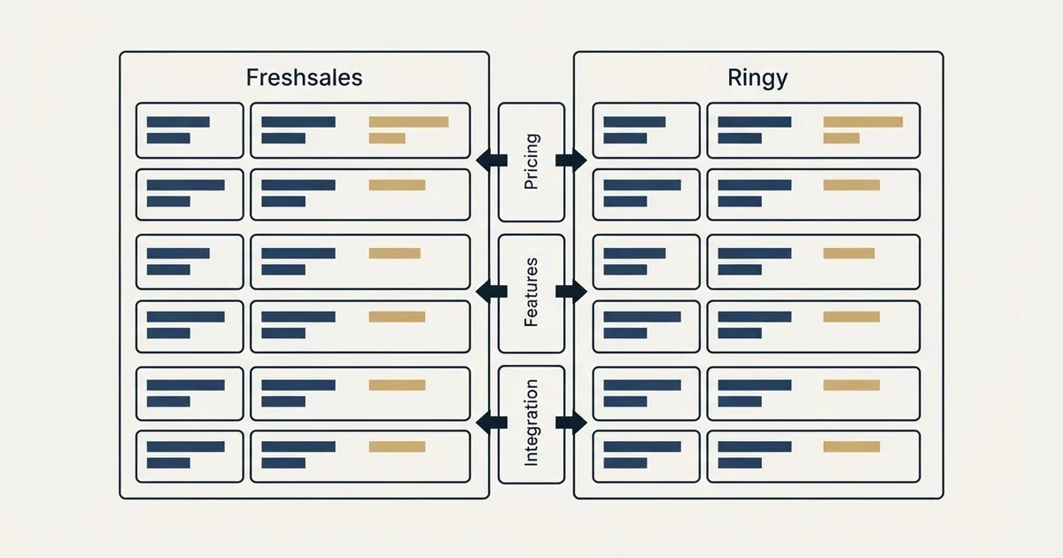 Comparison panel: Freshsales vs Ringy (Pricing, Features, Integration)