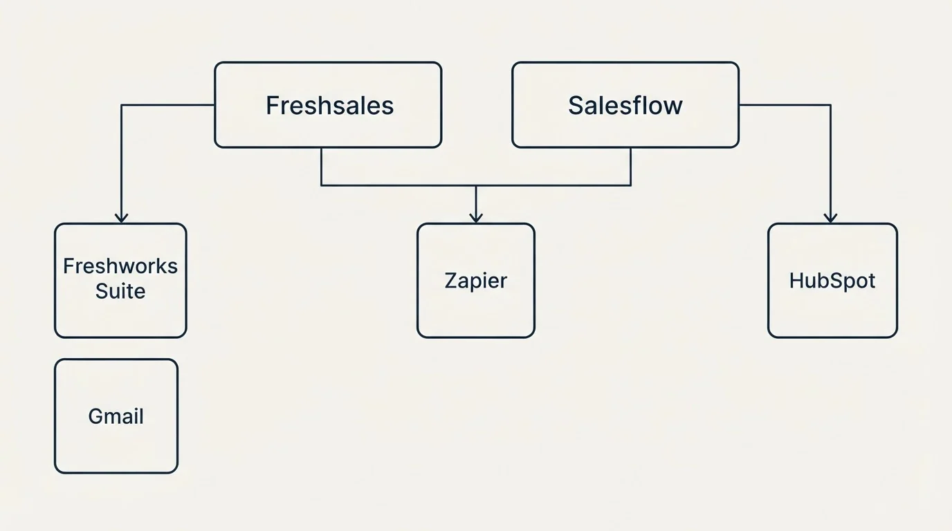 Integration grid: Integration Ecosystem (Freshsales, Salesflow, Zapier, Freshworks Suite)