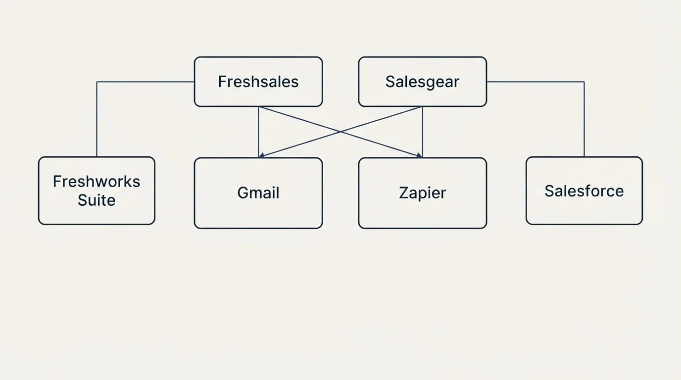 Integration grid: Integration Ecosystem (Freshsales, Salesgear, Gmail, Zapier)