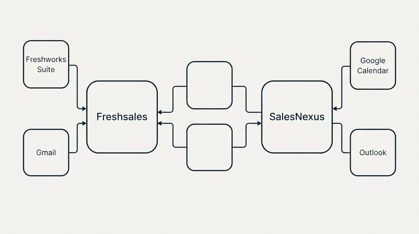 Integration schematic: Integration Ecosystem (Freshsales, SalesNexus, Freshworks Suite, Google Calendar)