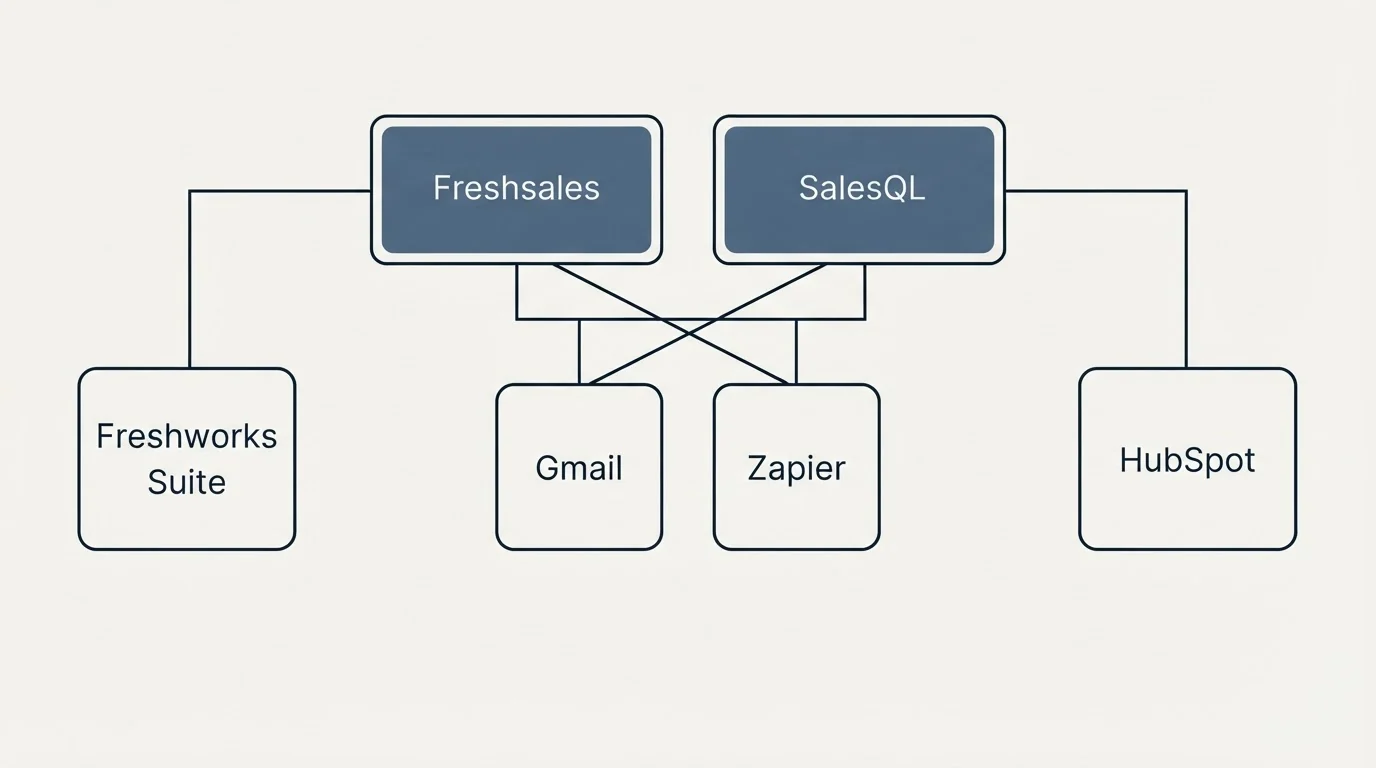 Integration grid: Integration Ecosystem (Freshsales, SalesQL, Gmail, Zapier)
